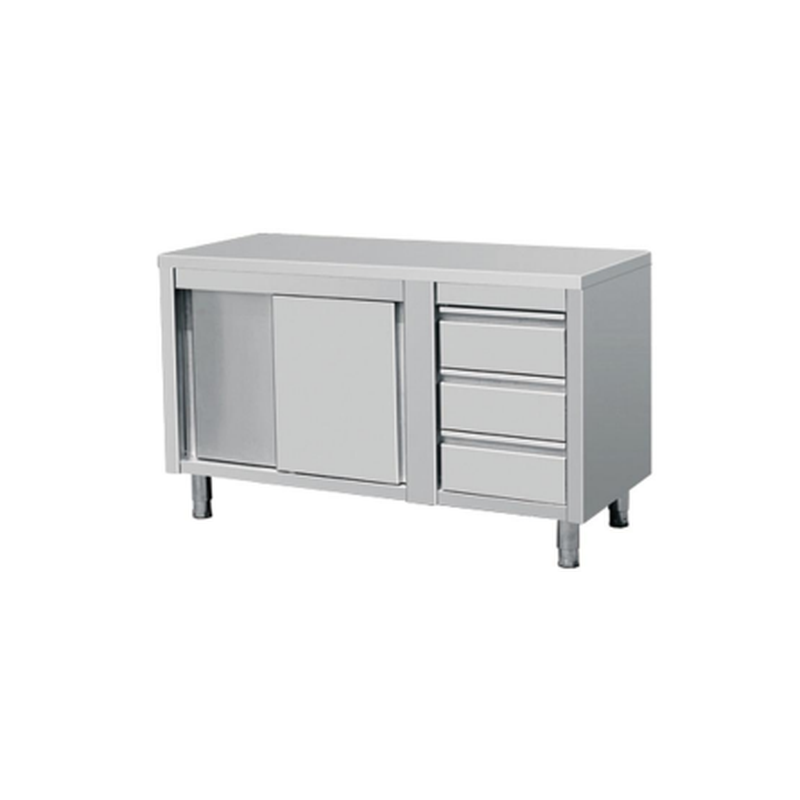 RVS Werkkast met 3 Laden Rechts en Schuifdeuren 1500 x 700 x 850 mm