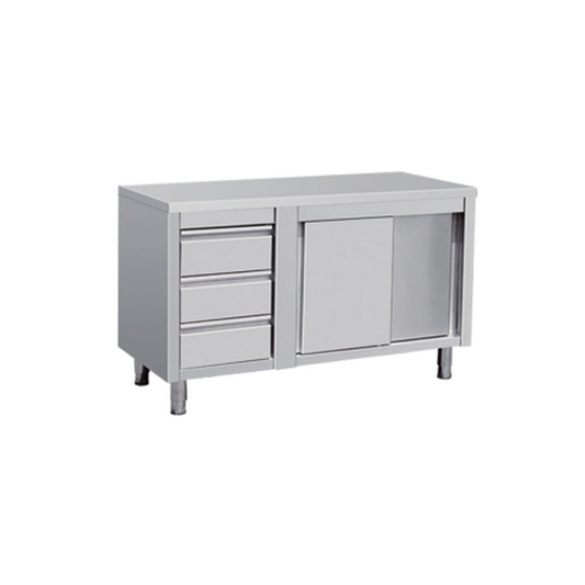 RVS Werkkast met 3 Laden Links en Schuifdeuren 1500 x 700 x 850 mm