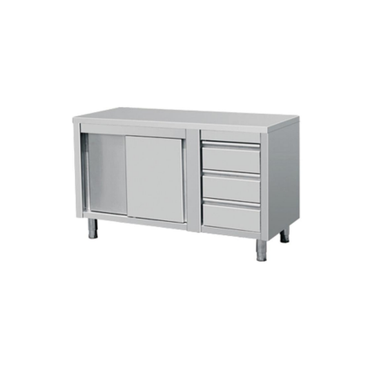 RVS Werkkast met 3 Laden Rechts en Schuifdeuren 1600 x 700 x 850 mm